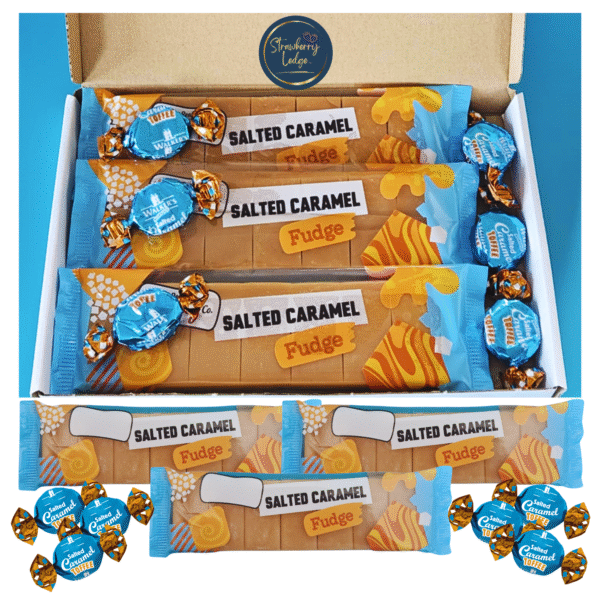 Salted caramel fudge and toffee letterbox gift box UK – 3 fudge bars and 6 salted caramel toffees in blue foil.