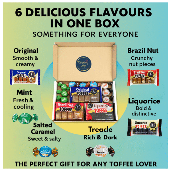 Six toffee flavours in one gift box – Original, Mint, Salted Caramel, Treacle, Brazil Nut, Liquorice