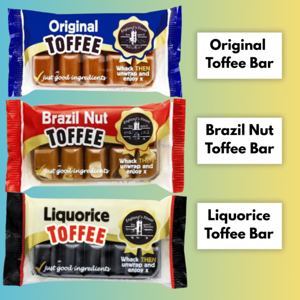 Toffee bars Original, Brazil Nut and Liquorice displayed from Strawberry Ledge gift box