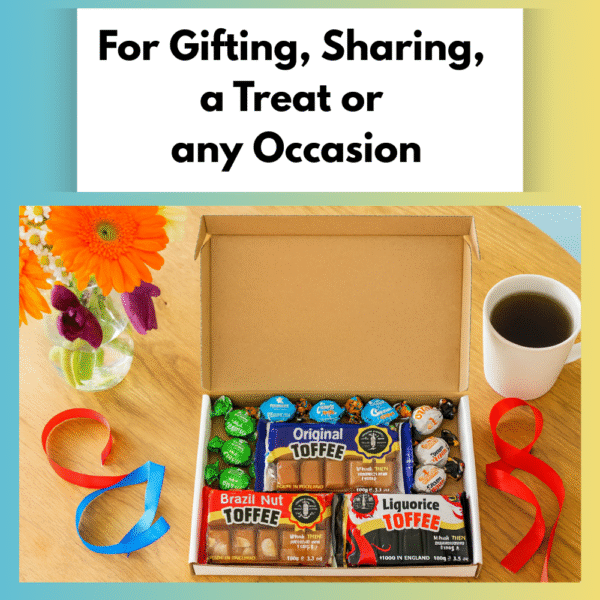 Letterbox toffee gift box styled with flowers, ribbon and tea for gifting