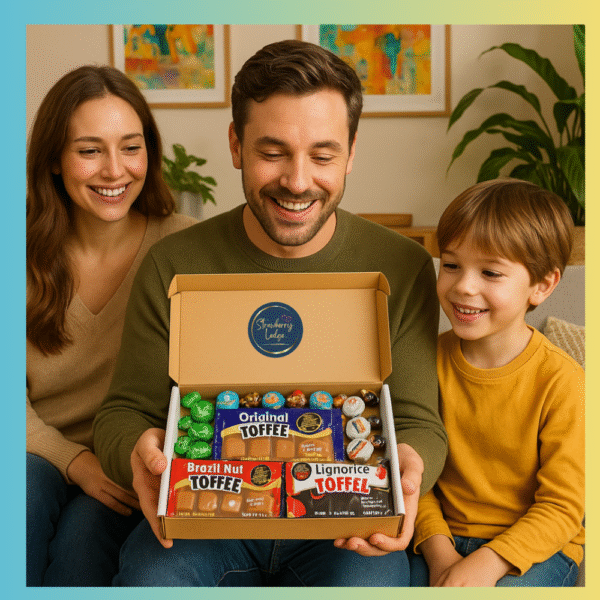 Family enjoying a Strawberry Ledge letterbox toffee gift box together