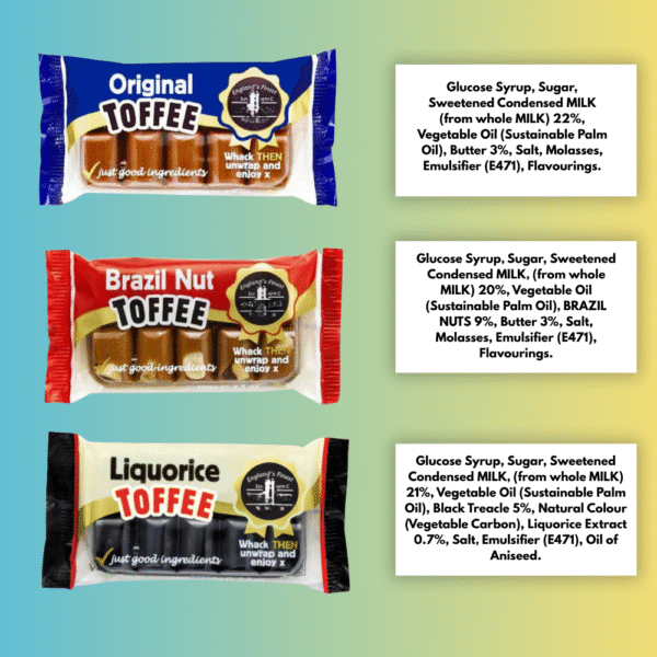 Ingredients for Original, Liquorice and Brazil Nut toffee bars