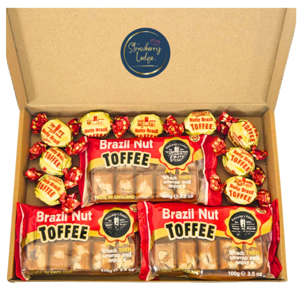 Open Brazil Nut Toffee letterbox gift box showing three toffee bars and wrapped toffees