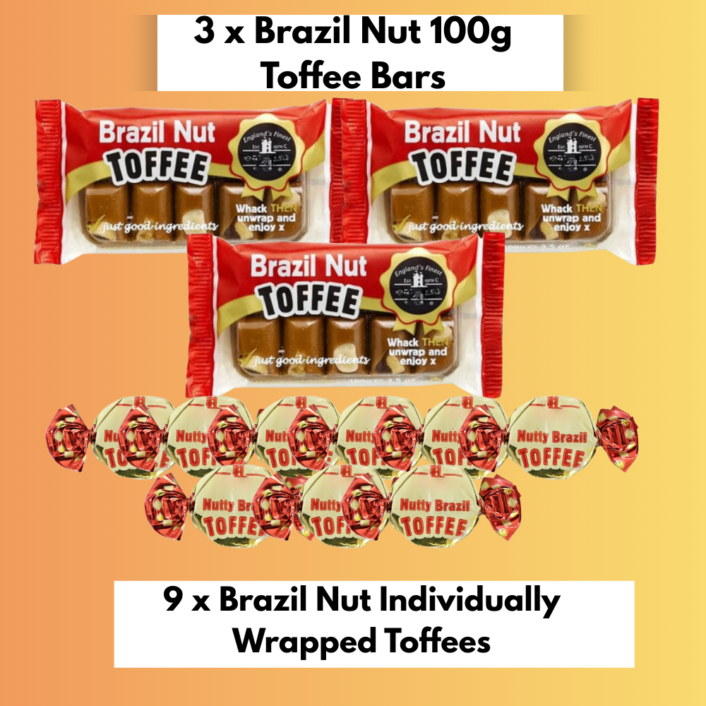 Brazil Nut Toffee gift contents showing three 100g bars and nine wrapped toffees