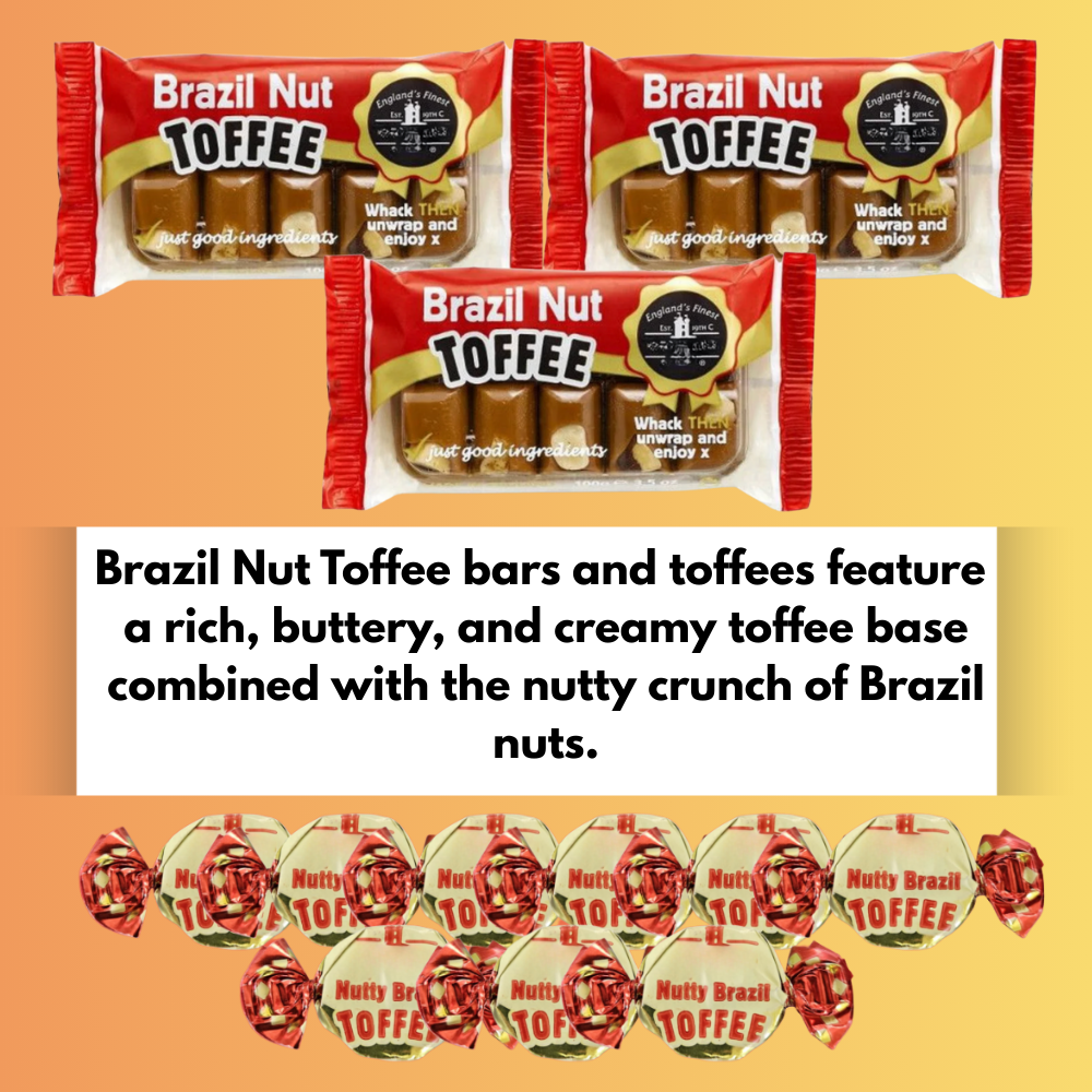 Three Brazil Nut Toffee bars showing rich, nut-studded toffee pieces