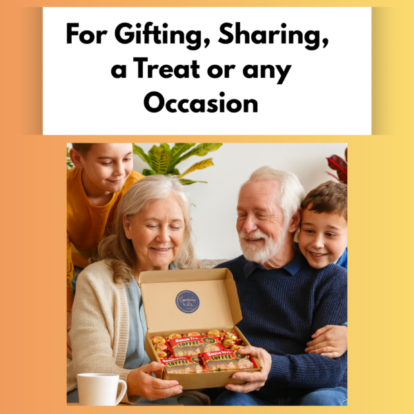 Grandparents opening a Brazil Nut Toffee letterbox gift box with grandchildren
