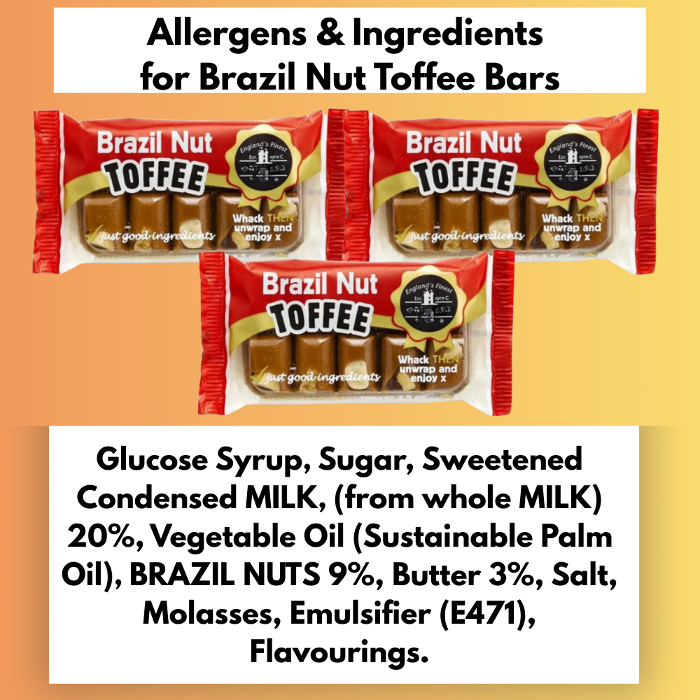 Ingredients and allergen information for Brazil Nut Toffee bars
