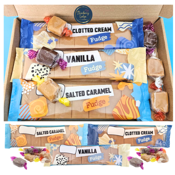 Open letterbox fudge gift box showing three fudge bars and wrapped fudge sweets inside