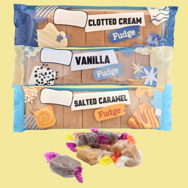 Salted caramel, vanilla and clotted cream fudge bars with individually wrapped fudge sweets