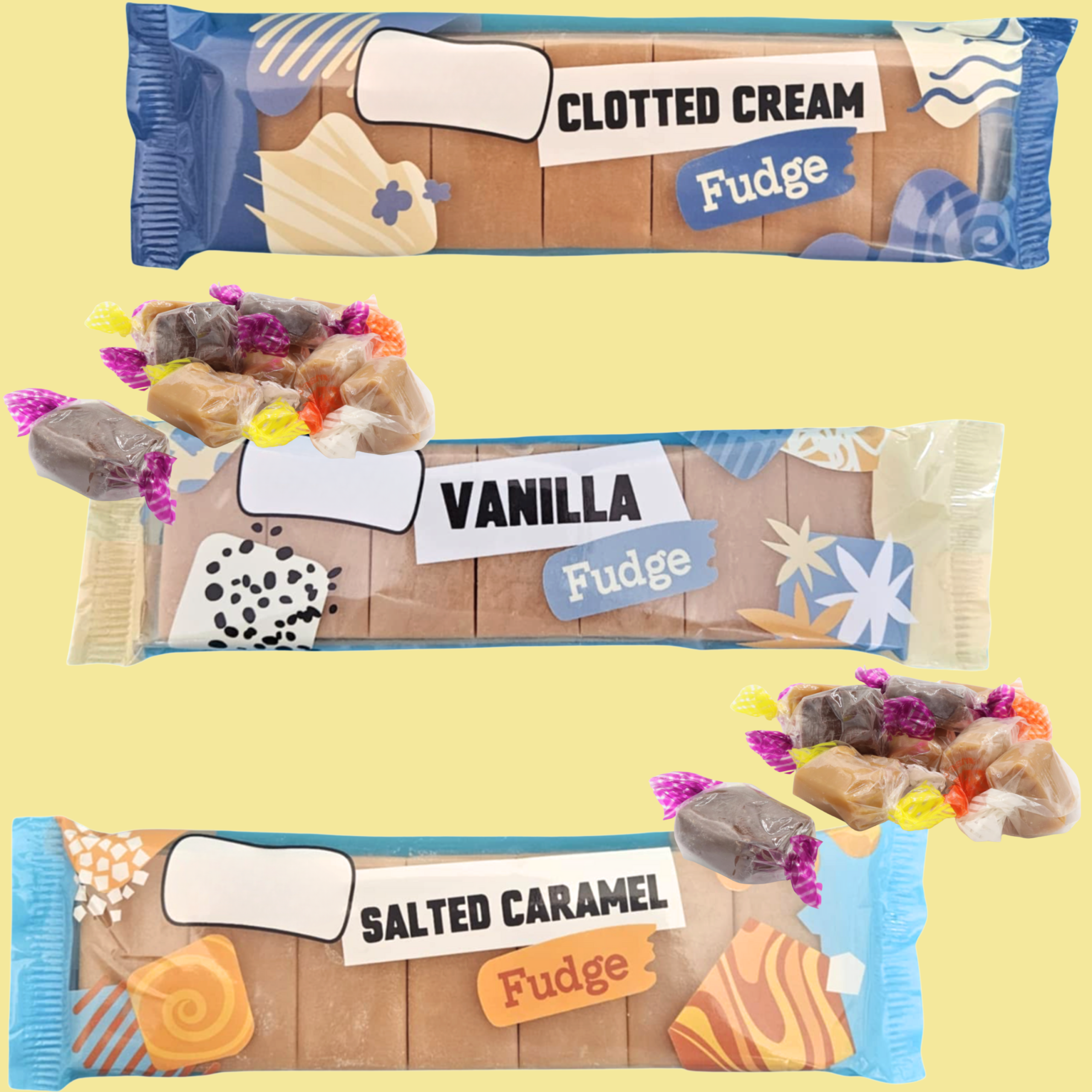 Clotted cream, vanilla and salted caramel fudge bars close-up on yellow background