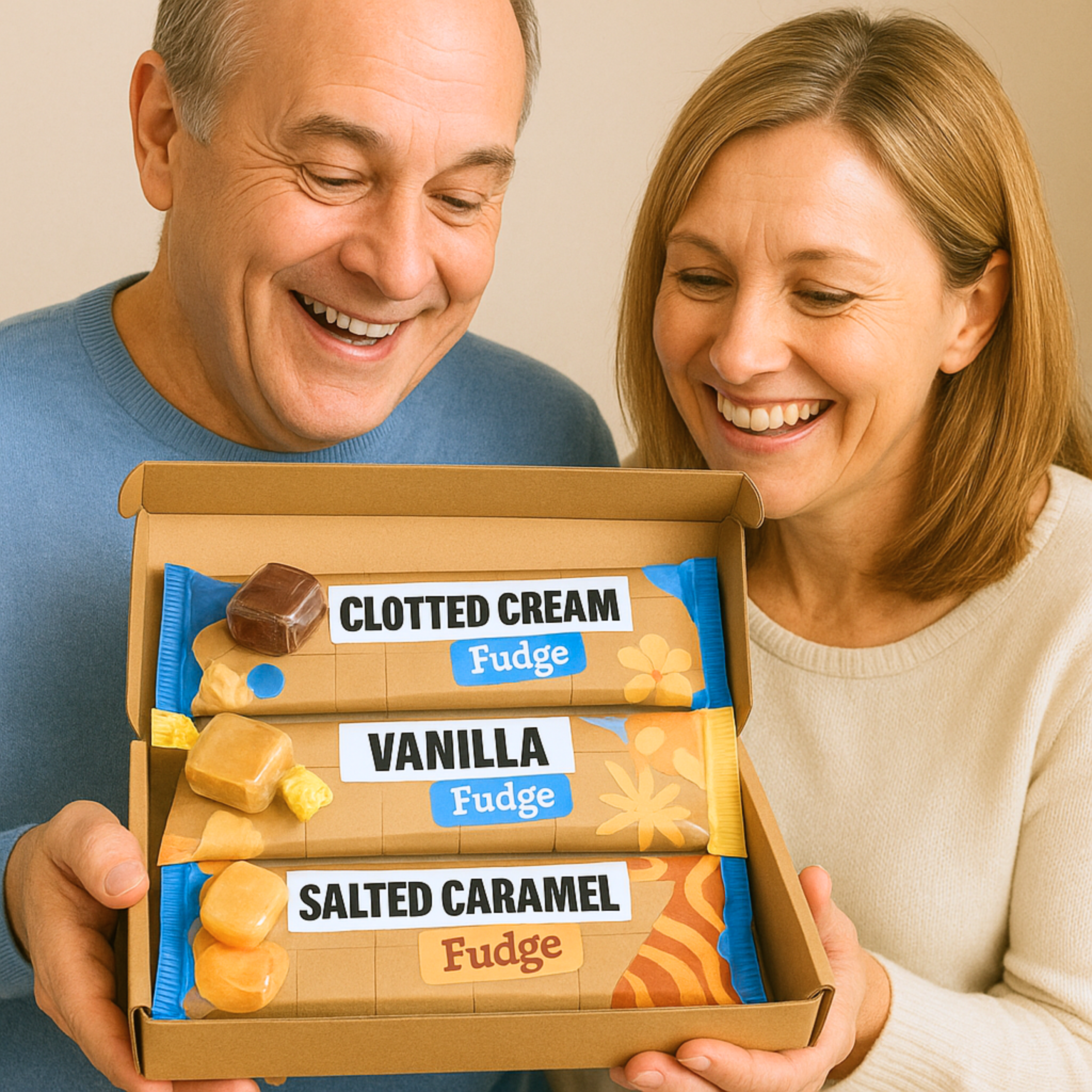 Couple opening a letterbox fudge gift box and smiling at the contents