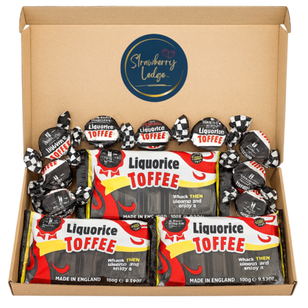 Liquorice Toffee Letterbox Gift Box with three liquorice toffee bars and nine wrapped liquorice toffees