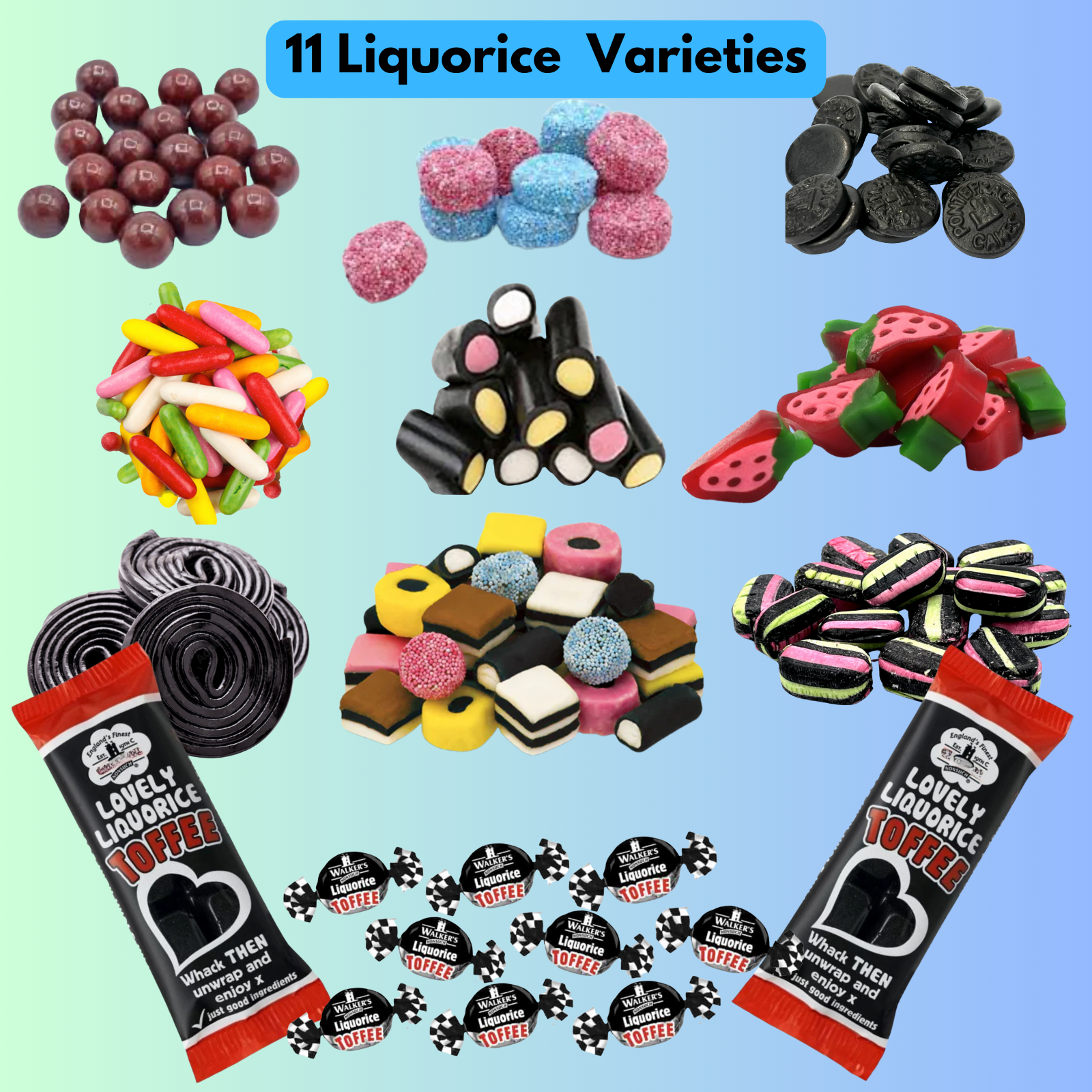 Eleven different liquorice sweet varieties including allsorts, spogs and aniseed balls