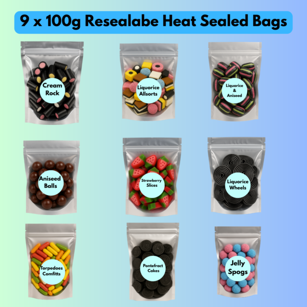 Nine resealable heat-sealed bags of assorted liquorice sweets
