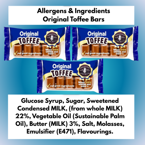 Ingredients and allergen information for original creamy snap-style toffee bars.