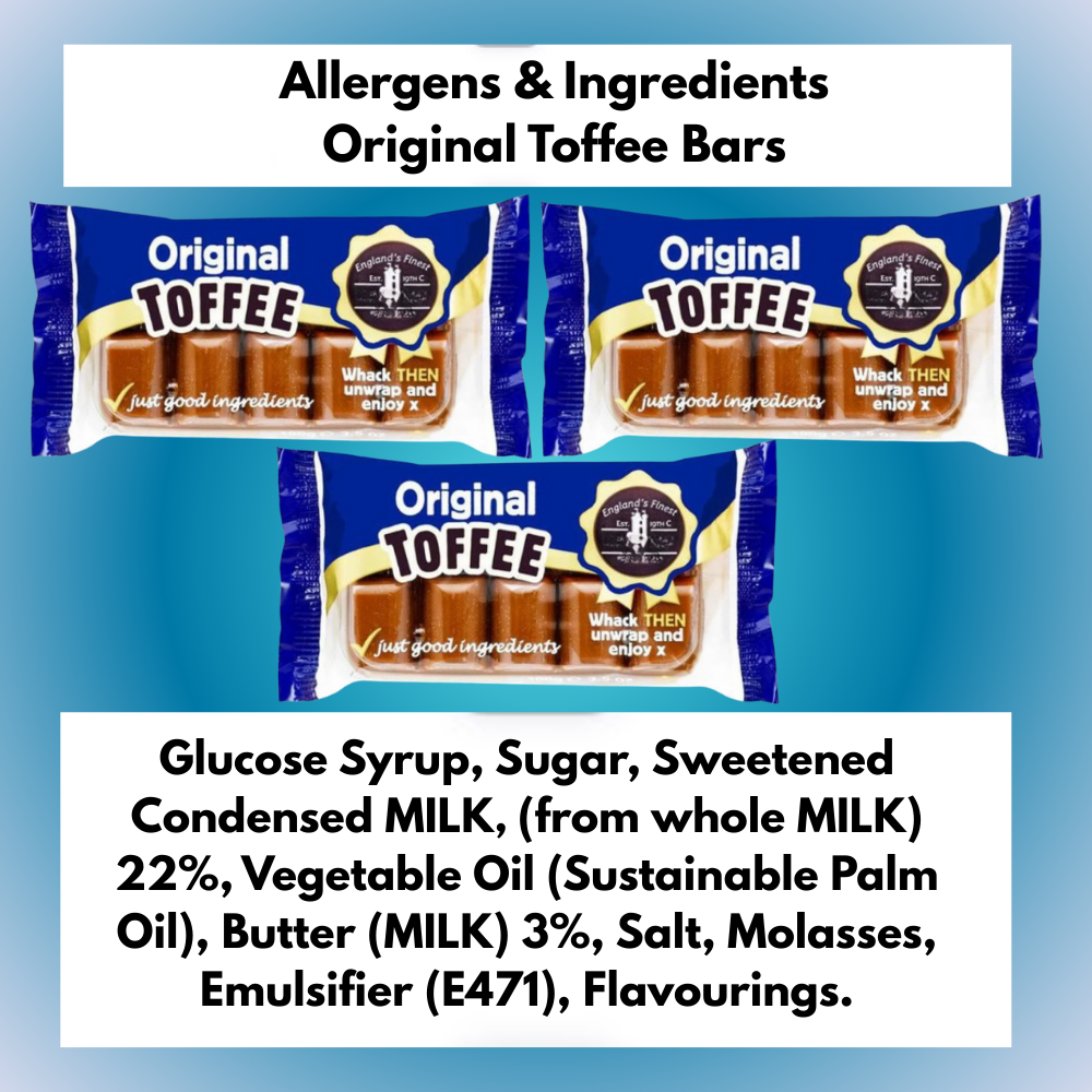 Ingredients and allergen information for original creamy snap-style toffee bars.