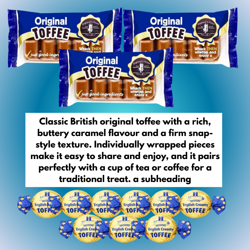 Close-up of original creamy snap-style toffee bars alongside individually wrapped creamy toffees, showing the variety inside the gift box.