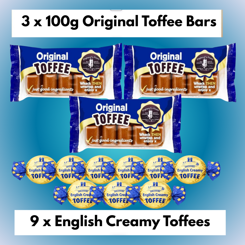 Contents of the original creamy toffee gift box showing snap-style toffee bars and individually wrapped creamy toffees.