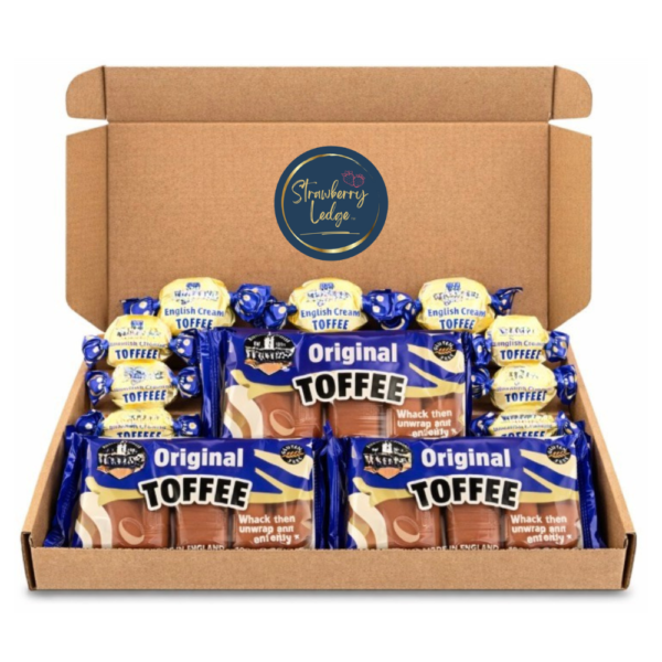 Original creamy toffee gift box with snap-style toffee bars and individually wrapped creamy toffees, presented in a gift-ready box.
