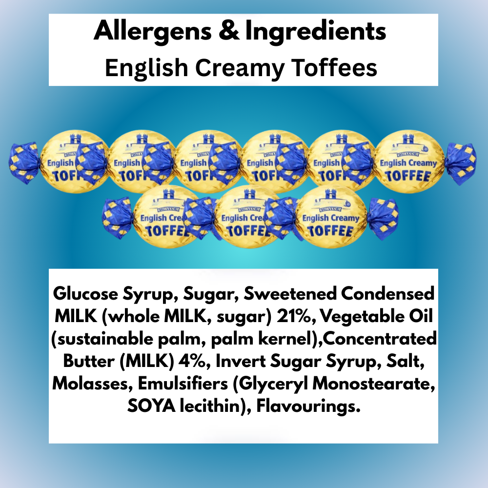 Ingredients and allergen information for original creamy toffees.